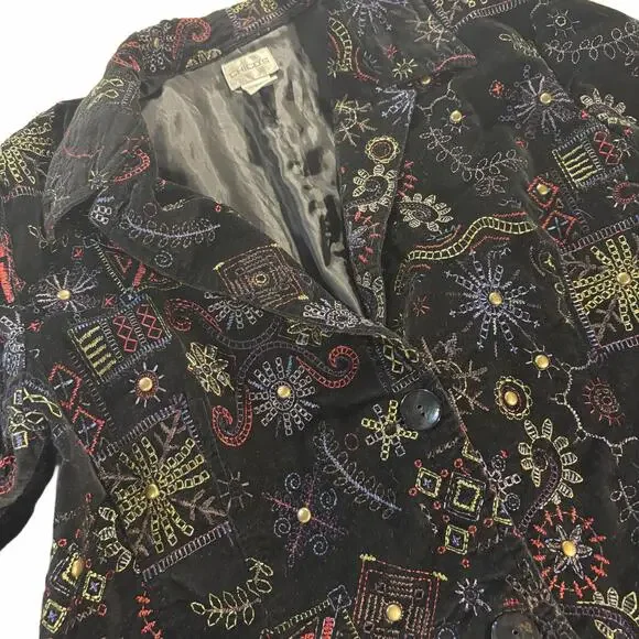 VTG Chico’s 0 Black Embroidered Suede Jacket Colorful Cotton‎ Boho Artsy Artwear - Picture 2 of 7